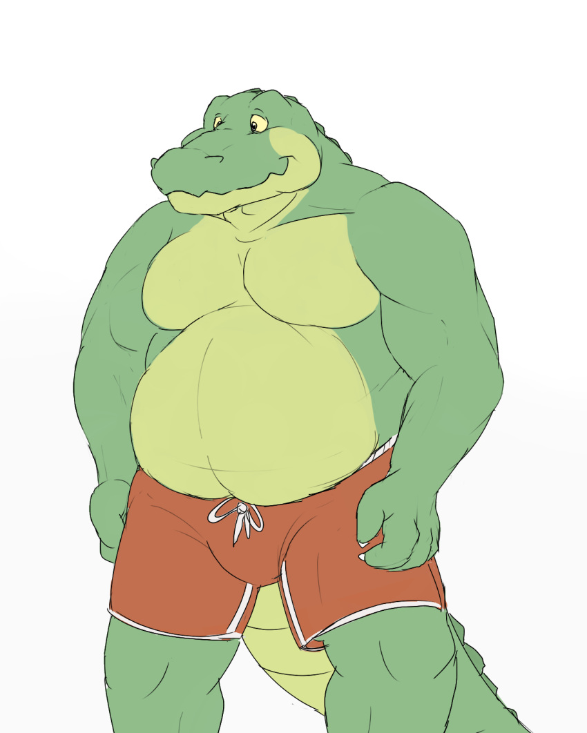 alligator anthro belly clothing crocodilian gator_(artist) male musclegut muscular muscular_male overweight overweight_male reptile scalie slightly_chubby solo swimming_trunks swimsuit