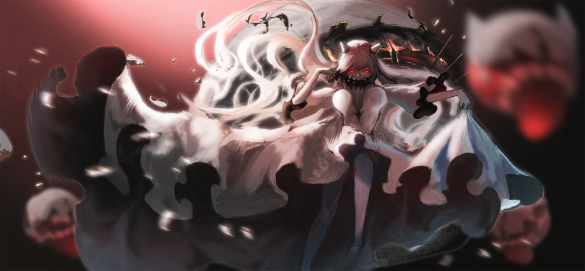 bangs blurry breasts cannon cleavage commentary_request covered_mouth depth_of_field dress dress_lift face_mask floating_hair glowing glowing_eyes hand_up highres horns kantai_collection large_breasts leg_up long_hair looking_at_viewer machinery mask midway_hime moni pale_skin red_eyes rigging serious shinkaisei-kan sidelocks solo thighs veins very_long_hair white_dress white_hair white_skin wind wind_lift