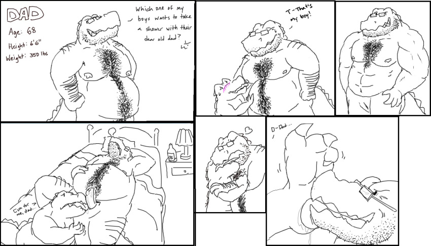 &gt;:3 &lt;3 age_difference alligator animal_genitalia beard bed bedroom belly belly_hair body_hair chest_hair claws comic crocodilian duo english_text erection eyewear facial_hair father father_and_son gator_(artist) genital_slit glasses happy_trail incest kissing licking male male/male mature_male nipples older_male parent reptile scalie size_difference slit son text tongue tongue_out