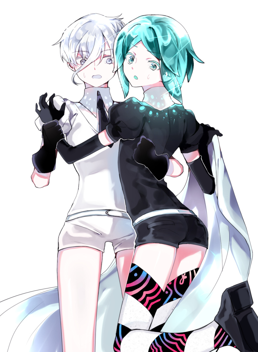 androgynous antarcticite aqua_eyes aqua_hair elbow_gloves gem_uniform_(houseki_no_kuni) gloves green_eyes green_hair hair_between_eyes highres houseki_no_kuni multiple_others necktie phosphophyllite retto short_hair shorts silver_eyes sweatdrop white_eyes white_hair