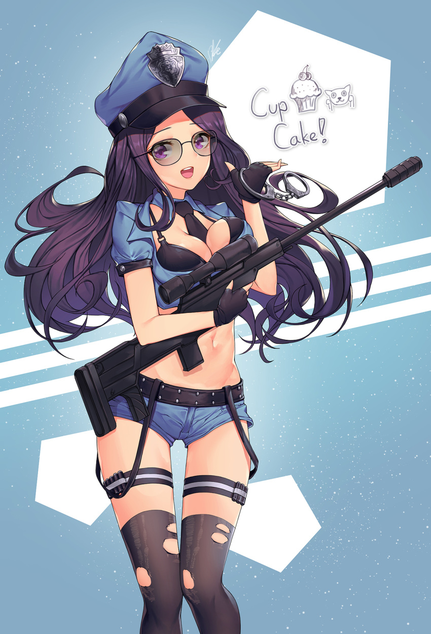 :d bad_id bad_pixiv_id belt between_breasts black-framed_eyewear black_bra black_gloves black_legwear black_neckwear bra breast_hold breasts caitlyn_(league_of_legends) cleavage commentary crop_top cuffs cupcake denim denim_shorts english fingerless_gloves food gloves groin gun handcuffs hat highres holding holding_gun holding_weapon league_of_legends lee_seok_ho long_hair medium_breasts midriff navel necktie officer_caitlyn open_mouth peaked_cap police police_badge police_hat police_uniform policewoman purple_eyes purple_hair rifle scope shirt short_shorts short_sleeves shorts signature smile sniper_rifle solo standing stomach sunglasses teeth thigh_gap thigh_strap thighhighs torn_clothes torn_legwear underwear uniform weapon wing_collar