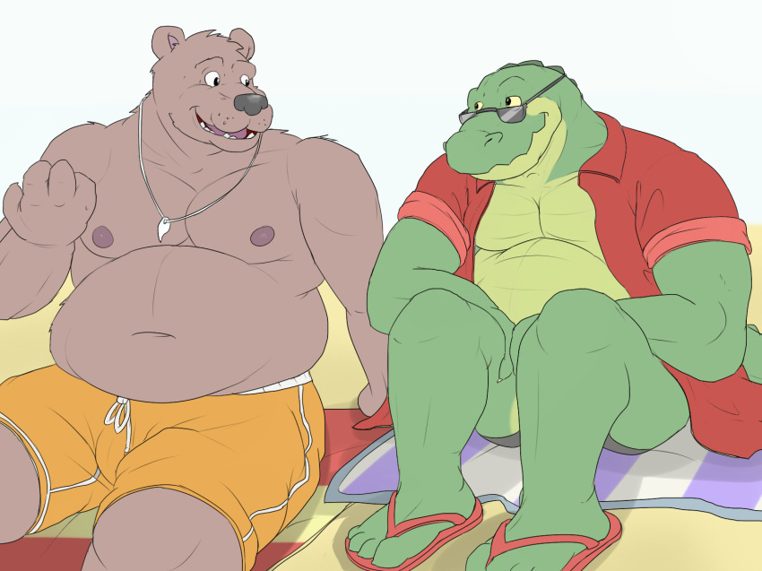 alligator anthro beach bear belly bulge clothed clothing crocodilian duo eye_contact eyewear gator_(artist) hi_res male mammal musclegut muscular muscular_male navel overweight overweight_male reptile sand scalie seaside slightly_chubby smile sunglasses swimming_trunks swimsuit topless