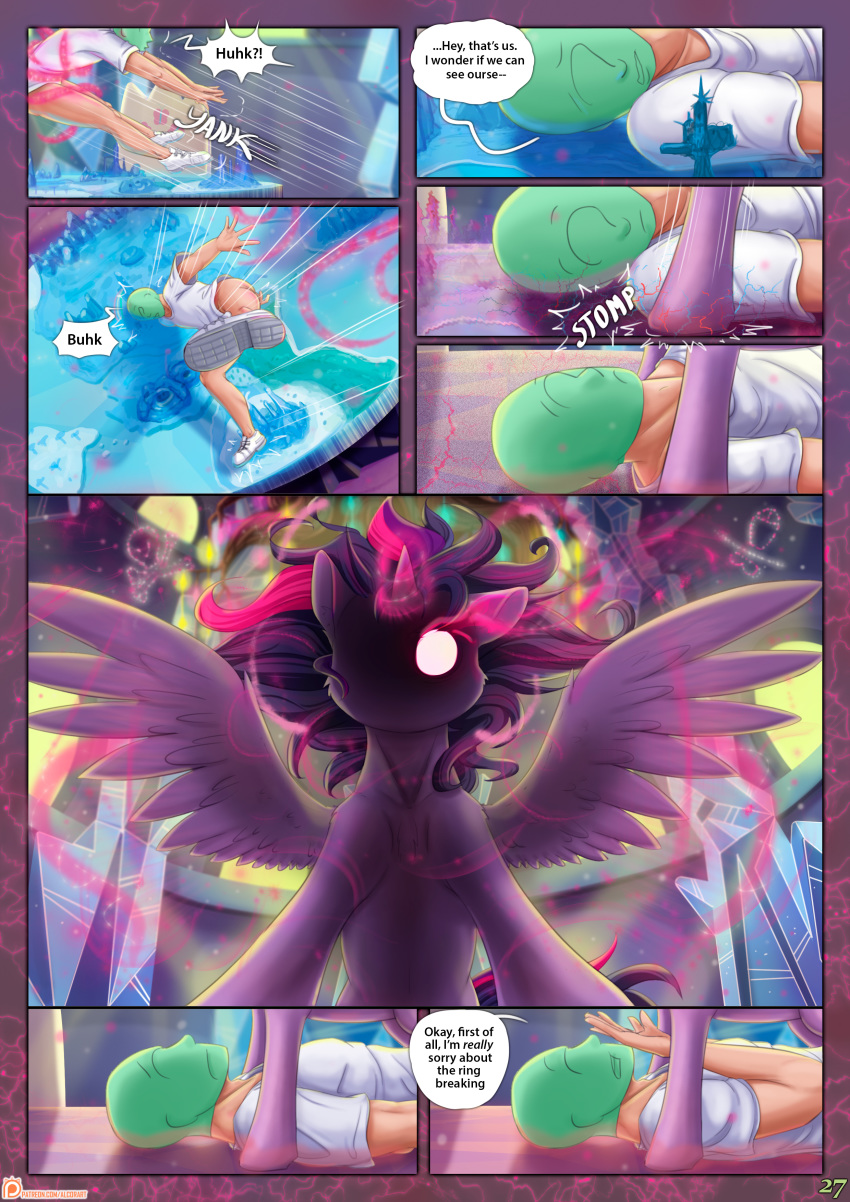 2018 absurd_res alcor90 anon clothing comic convenient_censorship dialogue duo english_text equine feathered_wings feathers footwear friendship_is_magic hair hi_res hooves horn human lying male mammal my_little_pony on_back shirt shoes spread_wings text twilight_sparkle_(mlp) winged_unicorn wings