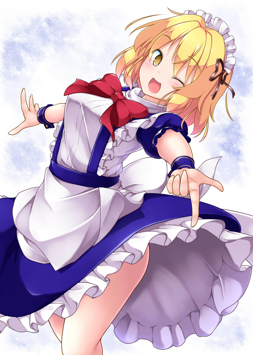 aka_tawashi apron blonde_hair blue_dress blush bow bowtie breasts brown_ribbon commentary_request dress eyebrows_visible_through_hair feet_out_of_frame frilled_apron frills hair_ribbon highres looking_at_viewer maid_headdress medium_breasts mugetsu one_eye_closed open_mouth petticoat pointing pointing_at_viewer puffy_short_sleeves puffy_sleeves red_bow red_neckwear ribbon short_hair short_sleeves smile solo star suspenders thighs touhou touhou_(pc-98) white_apron white_background wrist_cuffs yellow_eyes