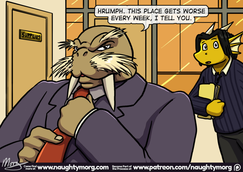 angry anthro black_hair clothed clothing comic dialogue dragon english_text hair male mammal marine naughtymorg necktie pinniped text tusks walrus