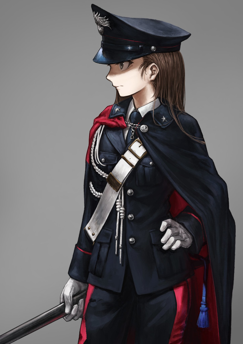 aiguillette belt black_cape black_jacket black_neckwear black_pants brown_eyes brown_hair cape carabinieri closed_mouth commentary cowboy_shot double_vertical_stripe dress_shirt gloves grey_background hand_on_hip hand_on_sword hat highres jacket lain long_hair long_sleeves looking_to_the_side necktie original pants peaked_cap police police_hat police_uniform sam_browne_belt scabbard sheath shirt simple_background solo standing star sword uniform weapon white_gloves white_shirt wing_collar