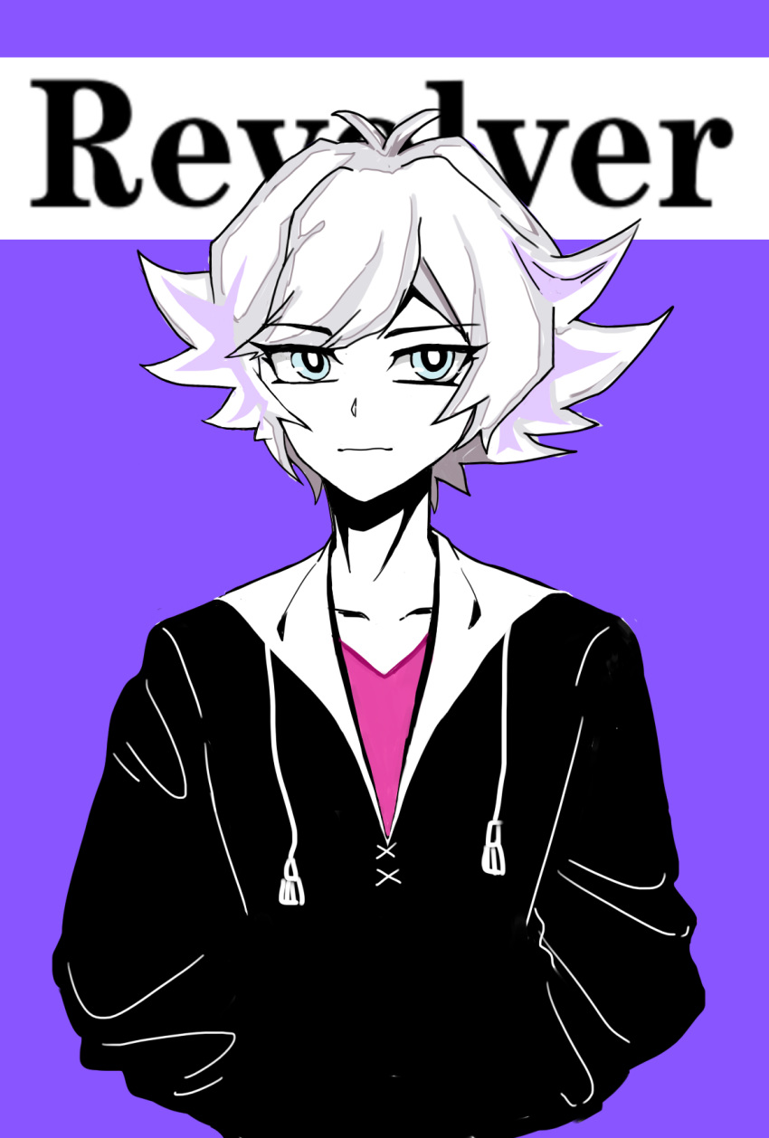 1boy blue_eyes character_name closed_mouth eyebrows jacket kogami_ryoken pink_shirt purple_background shirt short_hair simple_background solo white_hair yu-gi-oh! yuu-gi-ou_vrains