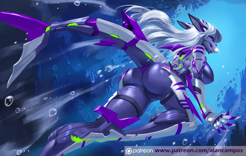 2018 5_fingers alanscampos anthro armor blue_eyes bodysuit butt butt_focus butt_pose clothing digital_media_(artwork) female fin fish hair machine marine robot shark skinsuit solo teeth tight_clothing water white_hair