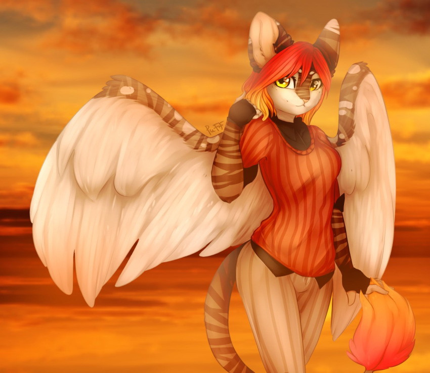 2016 anthro breasts clothed clothing day detailed_background digital_media_(artwork) feathered_wings feathers feline female hair hybrid kristiana_puff mammal outside red_hair solo wings yellow_eyes