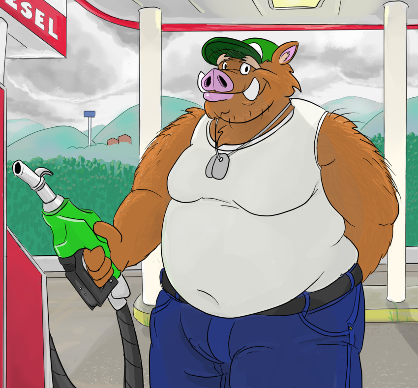 anthro belly belt big_belly boar clothing dog_tags gas_station gator_(artist) hat male mammal moobs musclegut muscular muscular_male overweight overweight_male pants porcine shirt smile solo the_bogosphere trucker