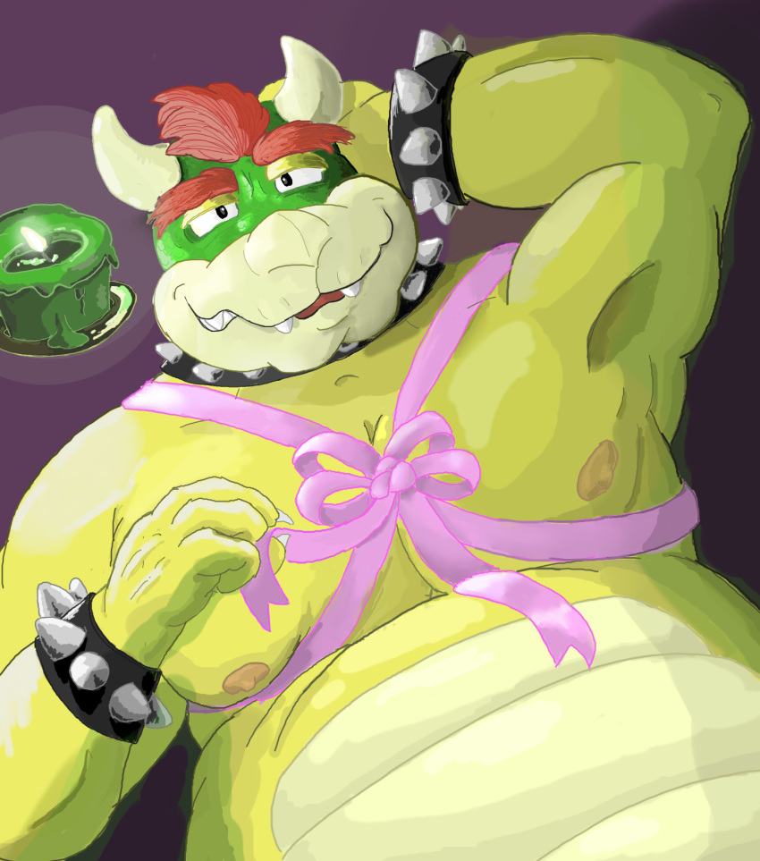 anthro bowser candle gator_(artist) hair horn koopa male mario_bros musclegut muscular muscular_male nintendo nipples overweight overweight_male red_hair ribbons scalie solo spikes the_bogospgere the_bogosphere video_games