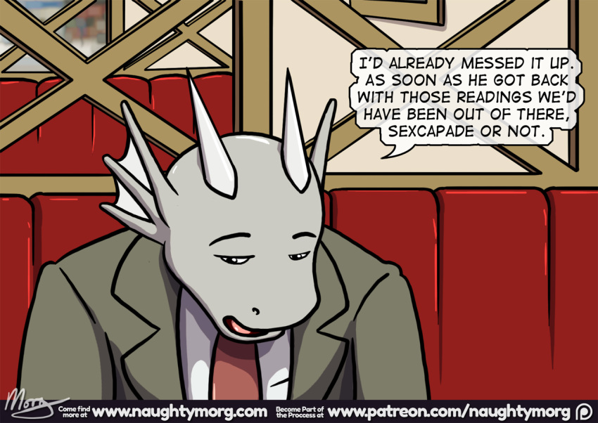 anthro clothed clothing comic dialogue digital_media_(artwork) dragon english_text fin head_fin horn male naughtymorg necktie restaurant sitting suit text