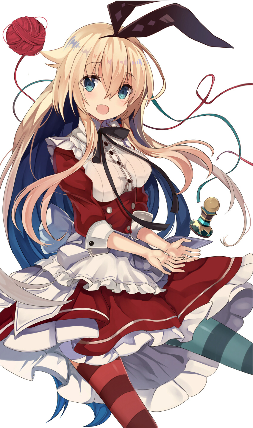 absurdres alice_(grimms_notes) alice_(wonderland) alice_in_wonderland apron blonde_hair blue_eyes chess_piece dress green_legwear grimms_notes highres long_hair mismatched_legwear open_mouth red_dress red_legwear retsuto ribbon smile solo striped striped_legwear thighhighs waist_apron yarn yarn_ball