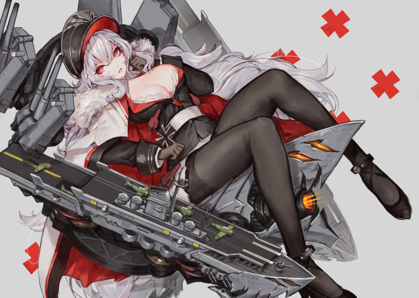 azur_lane bangs black_gloves black_legwear breasts cleavage fur_trim gloves graf_zeppelin_(azur_lane) hair_between_eyes hat high_heels highres iron_cross large_breasts legs long_hair looking_at_viewer military military_uniform pantyhose parted_lips peaked_cap red_eyes saimon_ma silver_hair solo uniform