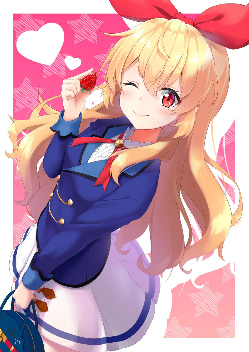 absurdres aikatsu! aikatsu!_(series) arm_up blonde_hair blue_jacket blush bow closed_mouth commentary_request double-breasted food fruit hair_between_eyes hair_bow heart highres holding holding_food hoshimiya_ichigo jacket long_hair long_sleeves looking_at_viewer mirea object_namesake one_eye_closed pink_background pleated_skirt red_bow red_eyes red_ribbon ribbon school_uniform shiny shiny_hair skirt smile standing star starlight_academy_uniform starry_background strawberry strawberry_day wavy_hair white_skirt