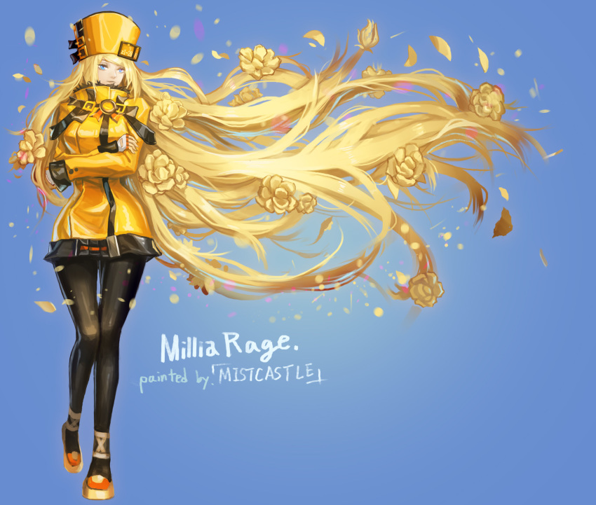 absurdly_long_hair artist_name black_legwear blonde_hair blue_background blue_eyes character_name commentary_request crossed_arms dress fingerless_gloves flower full_body gloves guilty_gear guilty_gear_xrd hat highres long_hair long_sleeves millia_rage mistcastle orange_dress orange_hat pantyhose prehensile_hair short_dress solo very_long_hair