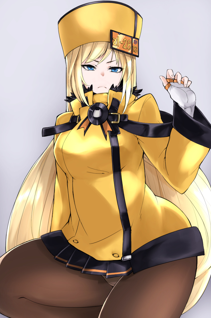 black_legwear blonde_hair blue_eyes commentary_request dress enomushi fingerless_gloves frown gloves guilty_gear guilty_gear_xrd hat highres long_hair long_sleeves looking_at_viewer millia_rage orange_dress orange_hat panties panties_under_pantyhose pantyhose short_dress solo underwear very_long_hair