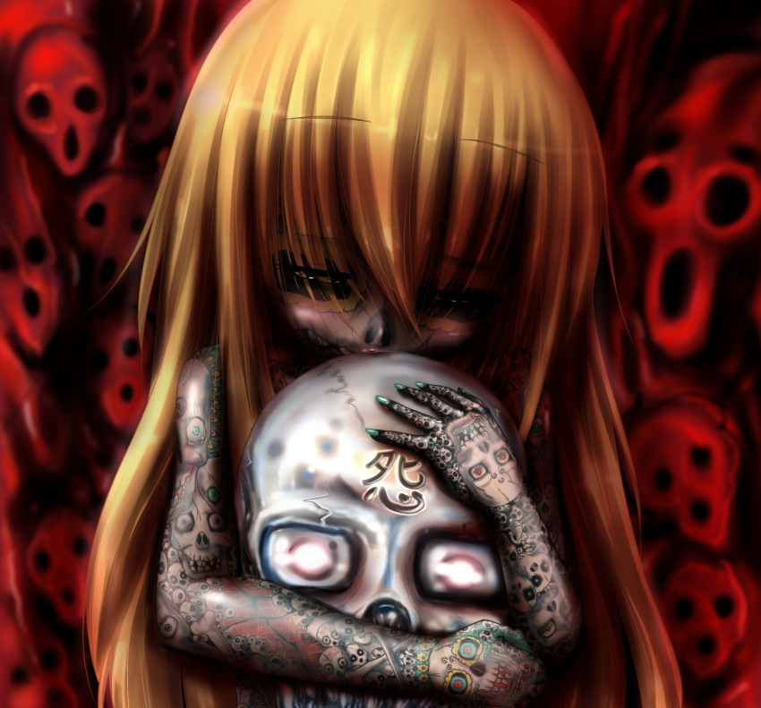 1girl background blonde_hair dia_de_los_muertos face_tattoo full_body_tattoo irezumi loli nail_polish seiji_(artist) skull tattoo