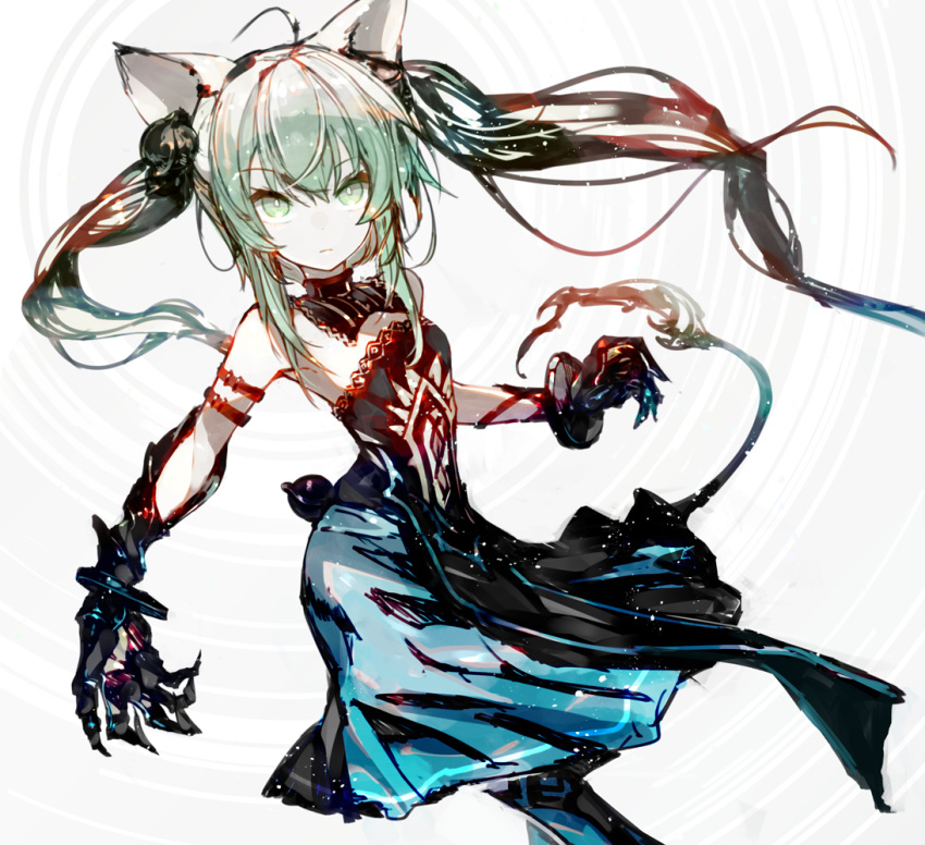 ahoge animal_ears armband atalanta_(fate) bangs bare_shoulders black_gloves breasts bright_pupils cat_ears closed_mouth cowboy_shot crossed_legs detached_collar dress eyebrows_visible_through_hair fate/apocrypha fate_(series) gloves green_eyes green_hair hair_between_eyes kusakanmuri light_frown long_hair sidelocks small_breasts solo standing strapless strapless_dress turtleneck twintails white_pupils