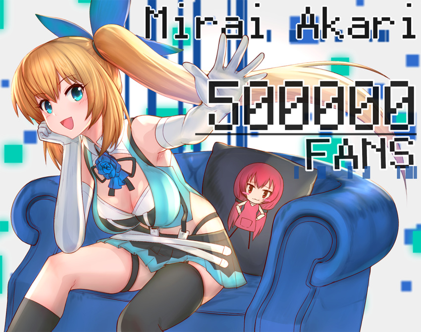 armchair black_legwear blonde_hair blue_bow blue_eyes blush bow breasts chair character_name cleavage eilene elbow_gloves eyebrows_visible_through_hair garter_straps gloves hair_bow iwahana kneehighs large_breasts long_hair looking_at_viewer mirai_akari mirai_akari_project open_mouth pillow side_ponytail sitting skirt smile solo thighhighs virtual_youtuber white_gloves