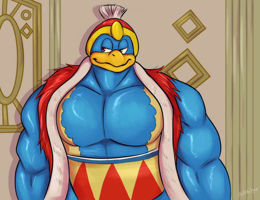 abs anthro avian barazoku beak biceps bird bluedoge close-up clothed clothing half-closed_eyes hat hyper hyper_muscles king king_dedede kirby_(series) kirby_star_allies looking_away male manly muscular nintendo pecs penguin portrait robe royalty smile solo standing triceps video_games