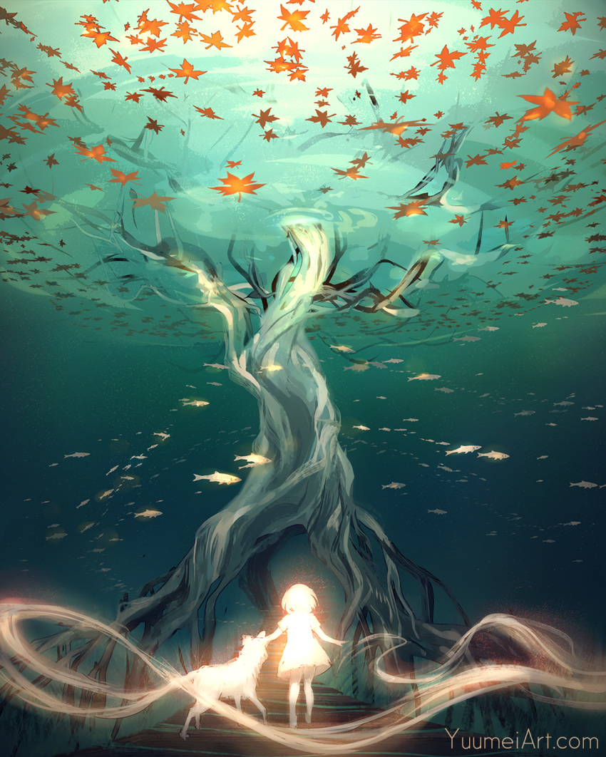 animal commentary dress fish highres leaf maple_tree original short_hair solo speedpaint tree underwater watermark web_address wenqing_yan