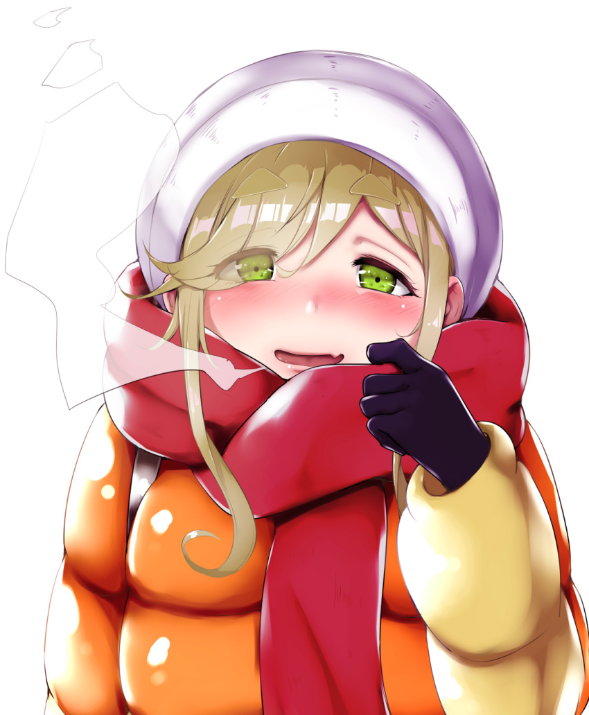 :d bag bangs beanie black_gloves blush commentary_request eyebrows_visible_through_hair eyes_visible_through_hair fang gloves green_eyes half-closed_eyes hat highres inuyama_aoi jacket long_sleeves looking_at_viewer open_mouth red_scarf rocha_(aloha_ro_cha) scarf shiny shiny_hair side_ponytail simple_background smile solo swept_bangs thick_eyebrows upper_body white_background winter_clothes yurucamp