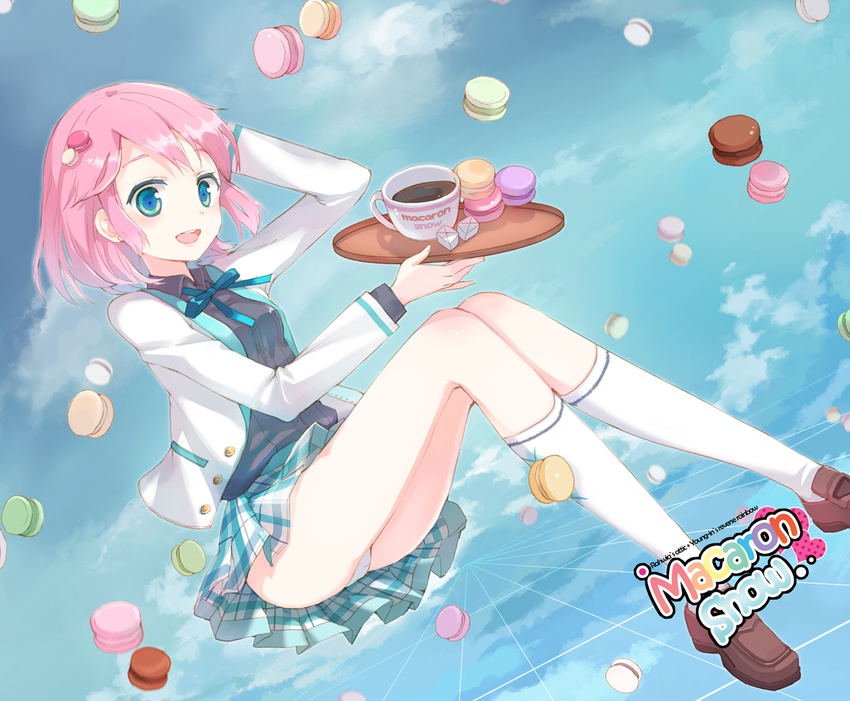 bad_id bad_pixiv_id blue_eyes candy cup food food_themed_clothes hair_ornament hand_behind_head jin_young-in legs looking_at_viewer macaron miniskirt original panties pantyshot pastry pink_hair plaid plaid_skirt short_hair skirt solo thighs tray underwear