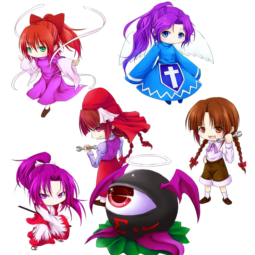 angel_wings aqua_eyes blue_eyes bow braid brown_eyes brown_hair chibi cross dual_persona evil_eye_sigma eyeball hair_bow halo hat highres long_hair looking_back meira multiple_girls ponytail purple_eyes purple_hair red_eyes red_hair reg_(artist) rika_(touhou) sheath sheathed sleeves_past_wrists sword time_paradox touhou touhou_(pc-98) twin_braids weapon wings wrench