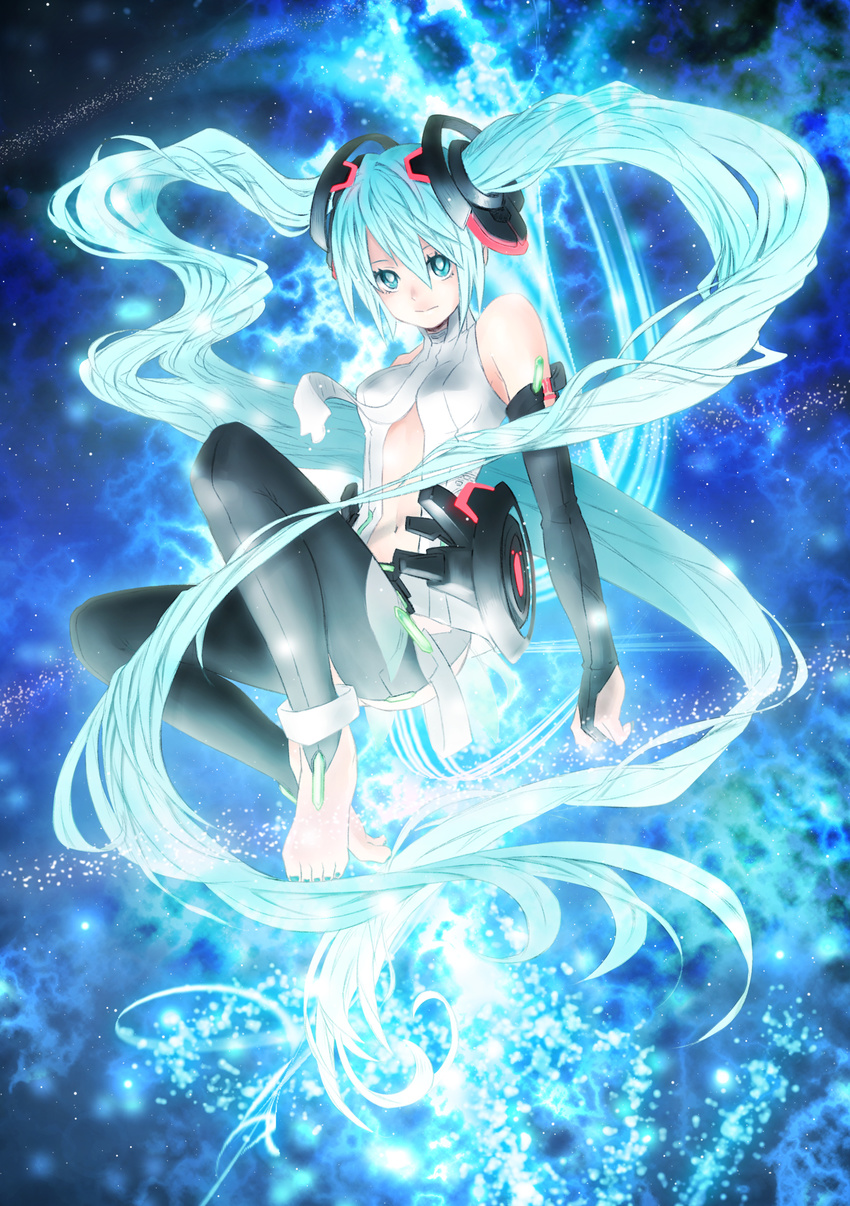 absurdres aqua_eyes aqua_hair bad_id bad_pixiv_id belt bridal_gauntlets elbow_gloves fingerless_gloves fukuhara_tetsuya gloves hatsune_miku hatsune_miku_(append) highres long_hair navel necktie solo thighhighs twintails very_long_hair vocaloid vocaloid_append zettai_ryouiki