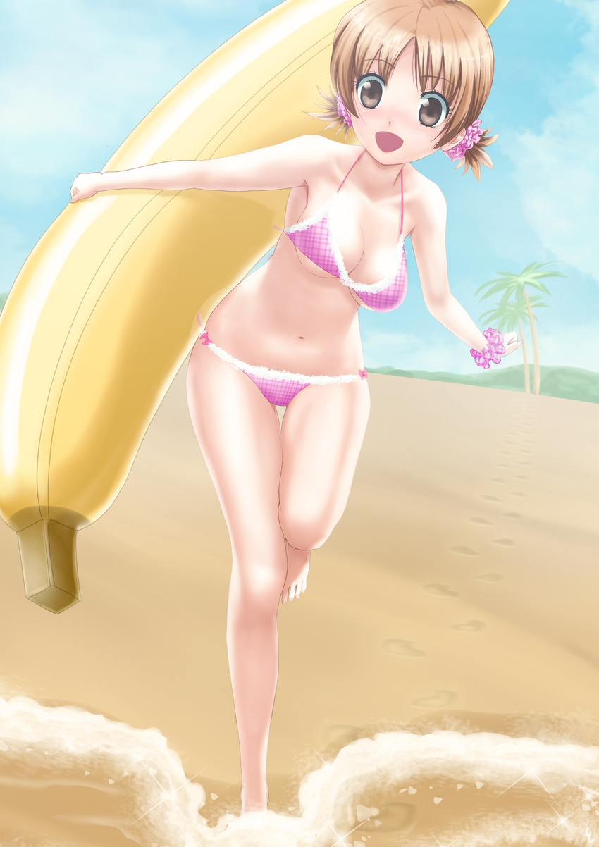 absurdres banana_boat beach bikini brown_eyes brown_hair day highres holding inflatable_toy original short_hair solo swimsuit tomizawa_jun twintails wading