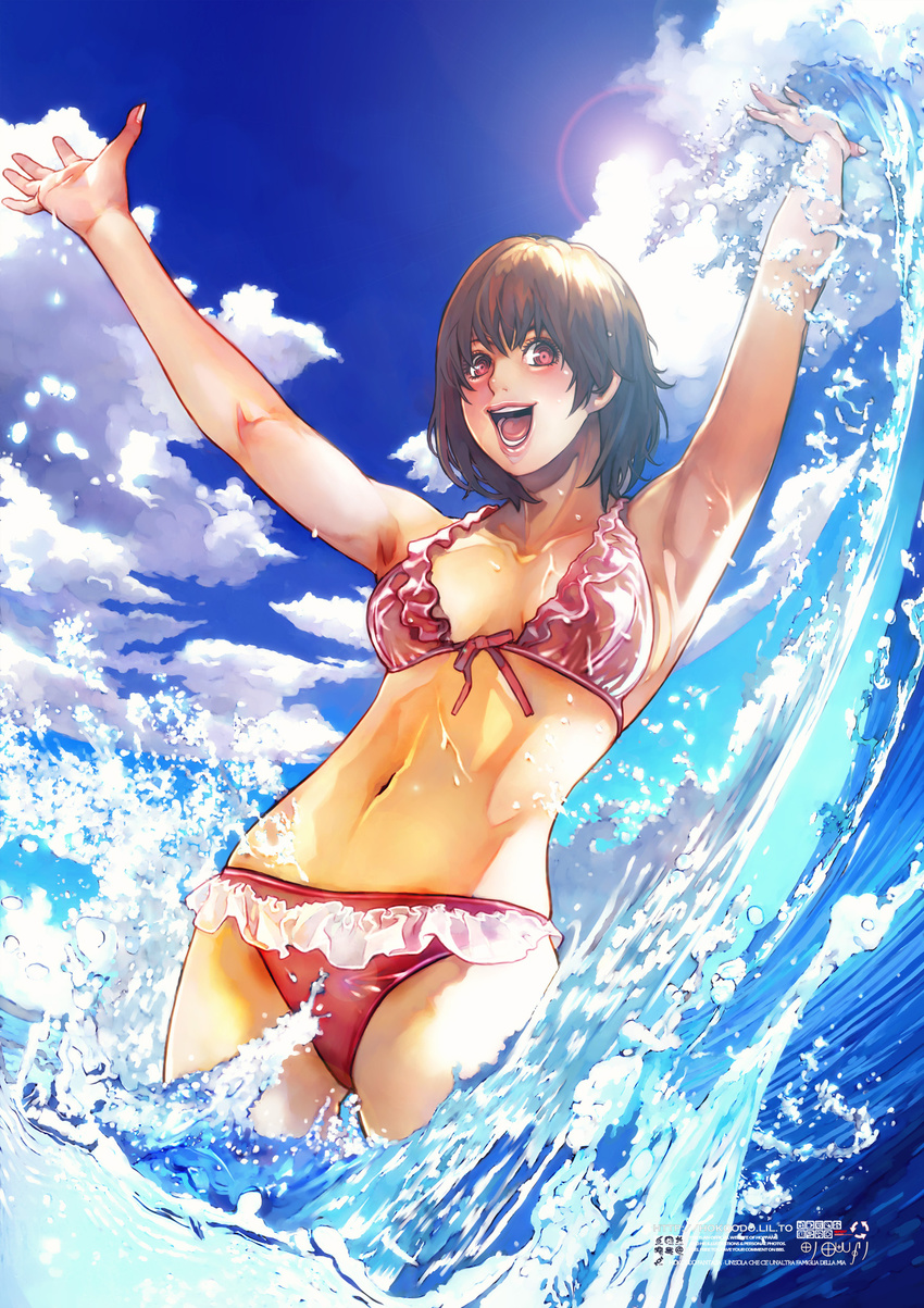 absurdres armpits arms_up bikini brown_hair cloud day hands highres hokoodo lens_flare lips navel open_mouth original red_eyes short_hair sky smile solo sun swimsuit water