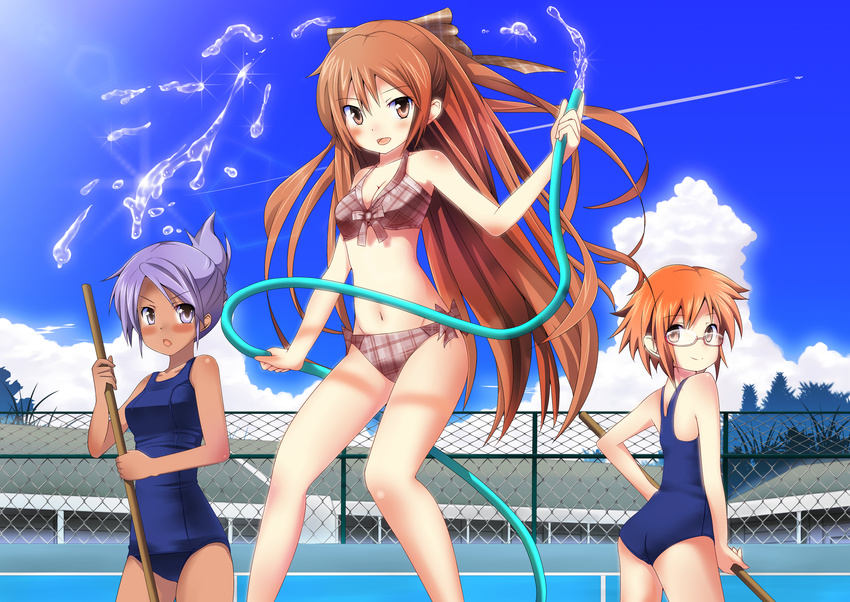 absurdres bad_id bad_pixiv_id bikini black_eyes brown_eyes brown_hair chain-link_fence dark_skin empty_pool fence glasses highres hose long_hair masamuuu mop multiple_girls one-piece_swimsuit orange_eyes orange_hair original ponytail pool purple_hair school_swimsuit short_hair swimsuit water