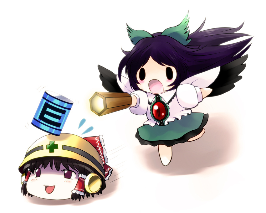 arm_cannon chibi energy_tank hakurei_reimu hardhat helmet metool parody reiuji_utsuho rockman touhou weapon wings yukkuri_shiteitte_ne yume_shokunin