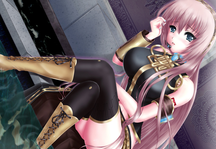 bare_shoulders black_legwear blue_eyes blue_nails boots breasts cross-laced_footwear crossed_legs dress dutch_angle headset lace-up_boots large_breasts long_hair megurine_luka nail_polish nohoho_(kakikonchi) pink_hair sitting soaking_feet solo thighhighs very_long_hair vocaloid water wristband zettai_ryouiki
