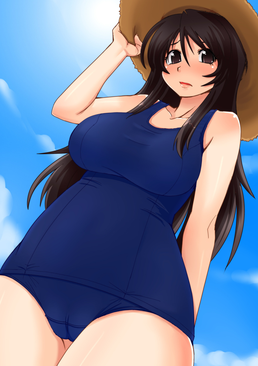 absurdres bare_shoulders breasts brown_eyes brown_hair hat highres large_breasts long_hair nokoppa one-piece_swimsuit original school_swimsuit solo straw_hat swimsuit