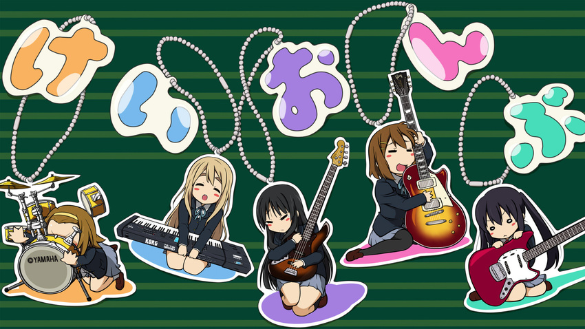 akiyama_mio chibi drum drum_set guitar highres hirasawa_yui instrument k-on! katochin keychain kotobuki_tsumugi multiple_girls nakano_azusa pantyhose school_uniform synthesizer tainaka_ritsu