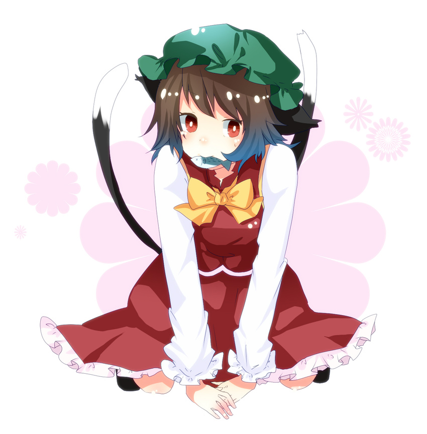all_fours animal_ears aya_mizu brown_hair cat_ears cat_tail chen fish highres mouth_hold multiple_tails red_eyes short_hair solo tail touhou