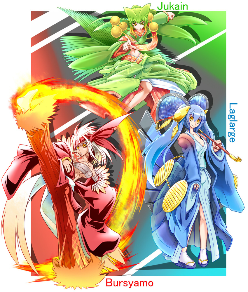 &gt;:) barefoot blaziken blue_hair breasts budget_sarashi cleavage closed_mouth collarbone dark_skin detached_sleeves fire full_body gen_3_pokemon geta green_hair hair_ornament head_tilt highres holding kicking leg_up long_hair long_sleeves looking_at_viewer medium_breasts multiple_girls navel open_clothes open_mouth pants personification pipe pokemon red_pants sarashi sceptile silver_hair sleeves_past_wrists smile socks spiked_hair spread_legs standing stomach sumeshi swampert tabi tattoo twintails underboob v-shaped_eyebrows very_long_hair white_legwear wide_sleeves yellow_eyes