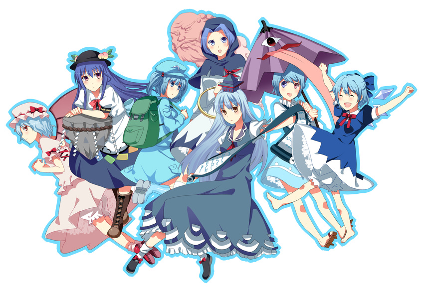 :p \o/ arms_up backpack bad_id bad_pixiv_id bag barefoot bat_wings bloomers blue_eyes blue_hair blush boots bow bracelet brown_eyes cirno color_connection dress food frills frown fruit garigarigari gathers geta hair_bobbles hair_bow hair_color_connection hair_ornament hat hat_ribbon heterochromia highres hinanawi_tenshi hood jewelry kamishirasawa_keine kawashiro_nitori keystone kumoi_ichirin lace long_hair multiple_girls open_mouth outstretched_arms peach petticoat pocket purple_eyes red_eyes remilia_scarlet ribbon scroll short_hair skirt smile socks tatara_kogasa tongue tongue_out touhou twintails umbrella underwear unzan weapon wings