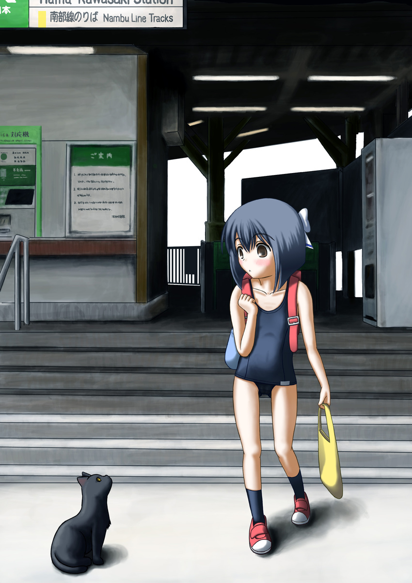 absurdres backpack bag blue_hair brown_eyes cat highres one-piece_swimsuit original school_swimsuit short_hair solo swimsuit ticket_machine train_station tutifutatu vending_machine