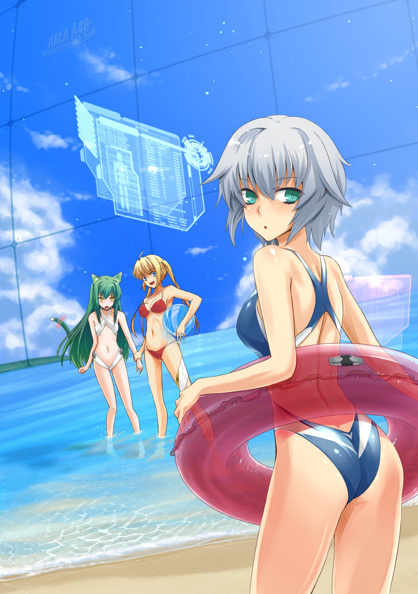 absurdres animal_ears ass bad_id bad_pixiv_id beach bikini blonde_hair blue_eyes cat_ears cat_tail competition_swimsuit day floating_screen green_eyes green_hair grey_hair highres innertube long_hair looking_back multiple_girls one-piece_swimsuit original outdoors prime short_hair swimsuit tail twintails wading water