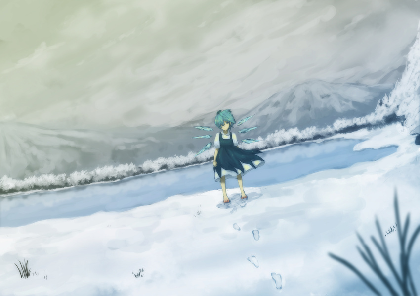 aqua_eyes aqua_hair bad_id bad_pixiv_id barefoot blurry cirno cloud depth_of_field dutch_angle footprints forest hair_over_one_eye highres konatsu lake mountain nature reeds scenery snow solo touhou tree wind wings winter