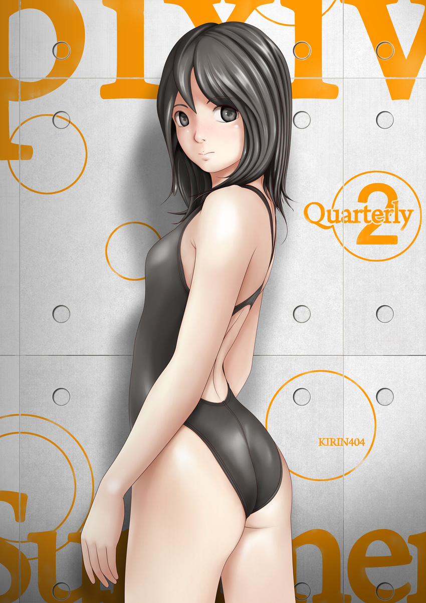 absurdres ass black_eyes black_hair competition_swimsuit freckles highres kirin404 looking_back one-piece_swimsuit original short_hair solo swimsuit