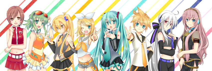 6+girls akita_neru aqua_eyes aqua_hair blonde_hair brown_eyes brown_hair detached_sleeves fang green_eyes green_hair gumi hair_ornament hair_ribbon hairclip hatsune_miku headphones headset highres kagamine_len kagamine_rin long_hair megurine_luka meiko midriff multiple_girls navel necktie ribbon short_hair side_ponytail silver_hair skirt smile thighhighs tobade_(tbdfactory) twintails v vocaloid yellow_eyes yowane_haku