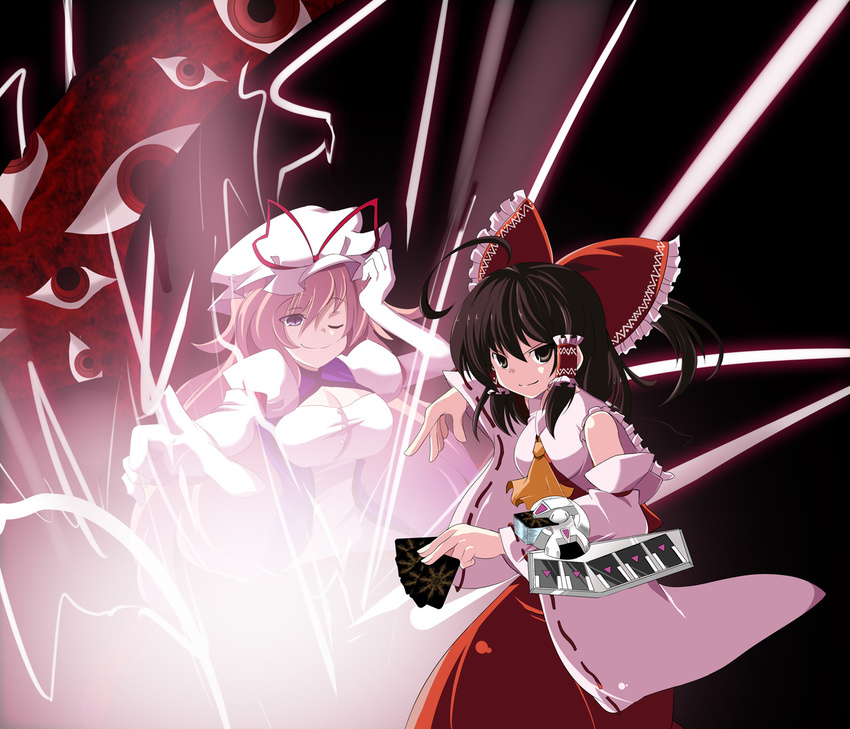 ahoge be_(o-hoho) black_hair blonde_hair bow breasts brown_eyes brown_hair card cleavage detached_sleeves dress duel_disk gap hair_bow hair_ribbon hakurei_reimu hat highres holding holding_card large_breasts light lightning long_hair multiple_girls one_eye_closed parody purple_eyes ribbon touhou yakumo_yukari yuu-gi-ou yuu-gi-ou_duel_monsters