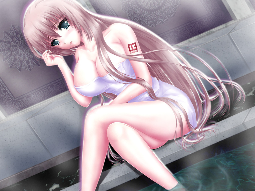 bare_shoulders blue_eyes blue_nails breasts cleavage crossed_legs dutch_angle impossible_towel large_breasts long_hair megurine_luka nail_polish naked_towel nohoho_(kakikonchi) pink_hair sitting soaking_feet solo tattoo towel very_long_hair vocaloid water