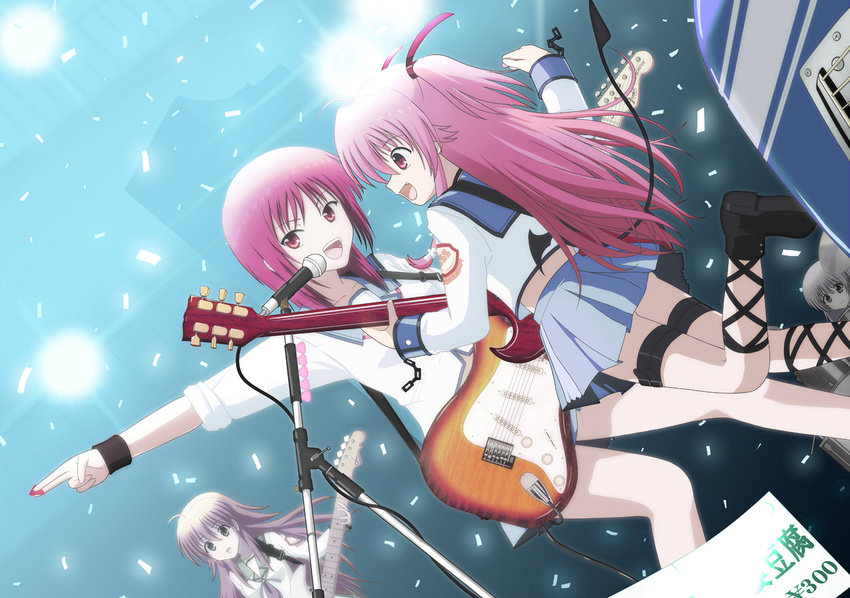 ahoge angel_beats! brown_hair chain demon_tail dutch_angle electric_guitar from_behind guitar instrument irie_(angel_beats!) iwasawa long_hair microphone microphone_stand multiple_girls pink_hair pleated_skirt red_eyes red_hair school_uniform sekine skirt sora_(aki00) tail thigh_strap thighhighs wings wristband yui_(angel_beats!) zettai_ryouiki