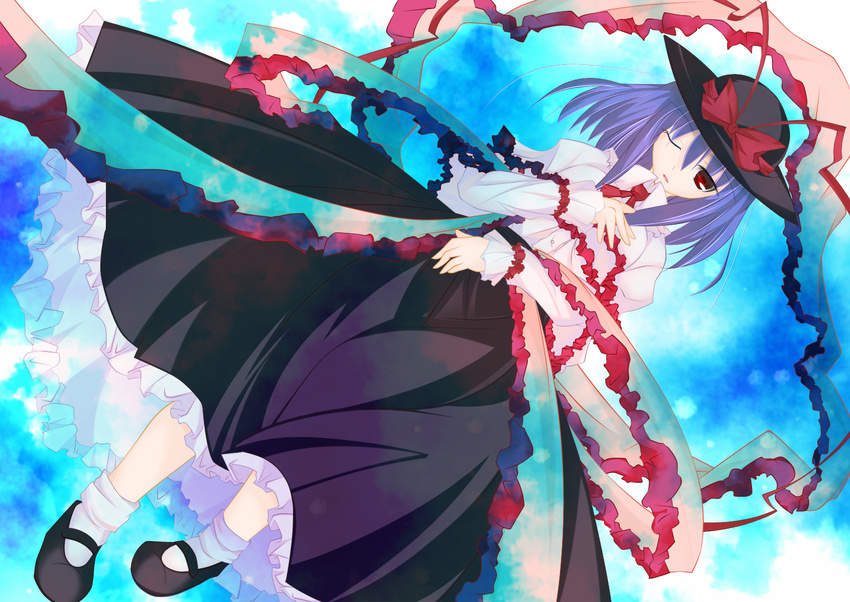 atapon blue_hair breasts dress dutch_angle frills hat medium_breasts nagae_iku one_eye_closed red_eyes ribbon scarf solo touhou