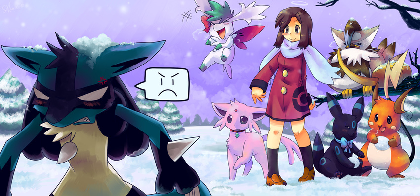 blush bow dress espeon lucario pokemon raichu scarf shaymin smile snow staraptor trees umbreon